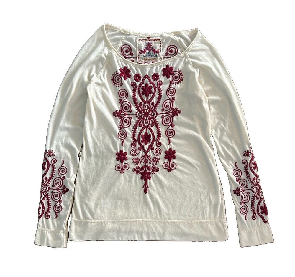 Johnny Was Los Angeles Embroidered Long Sleeve Top Cream Burgandy Floral Size S